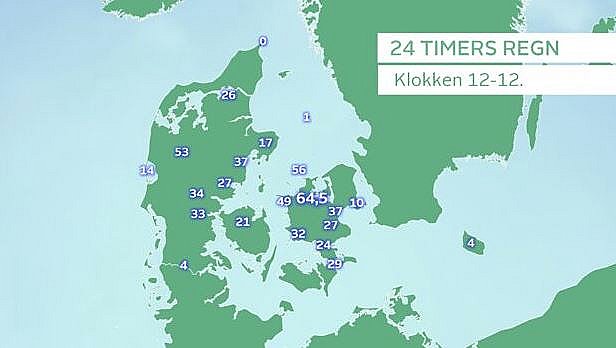 regnvejr over Danmark - næsten måneds regn på et døgn MIDTVEST